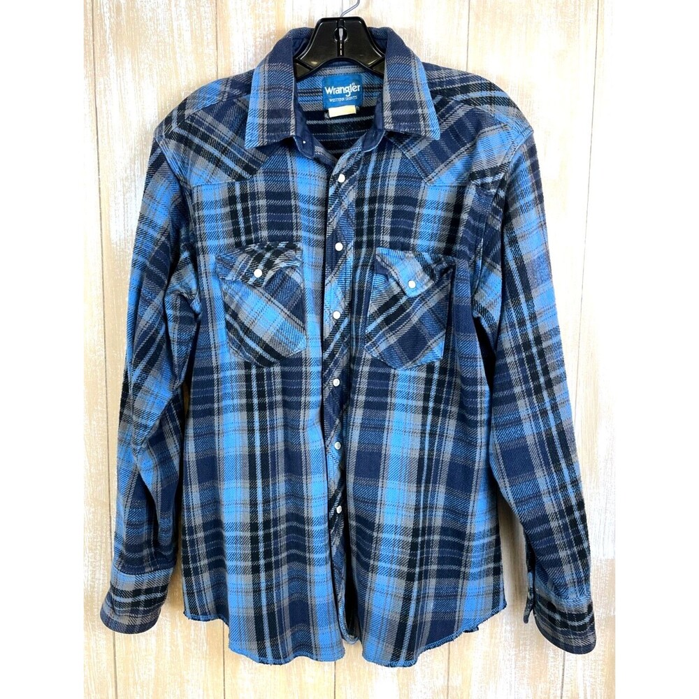 Vintage Wrangler Western Shirts Men's Large Blue Cowboy Cut Flannel Pearl Snap